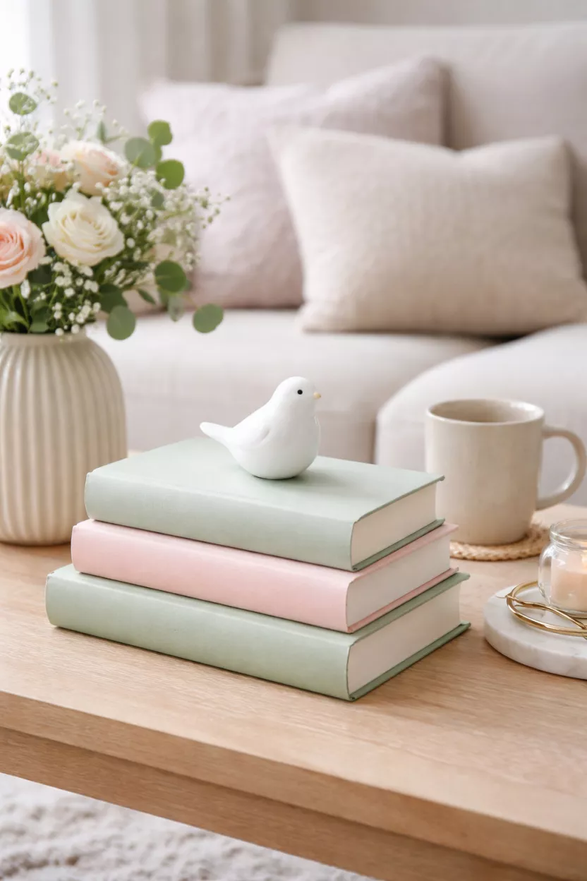 A realistic photo of a living room coffee table with a stack of three books wrapped in pastel green and pink paper, topped with a small white ceramic bird.