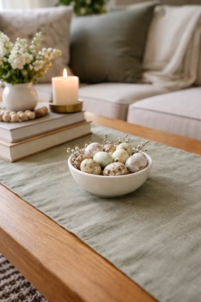 A realistic photo of a living room coffee table covered with a sage green linen table runner, featuring a small white bowl of speckled eggs in the center and a stack of books.