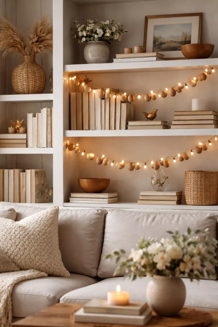 A realistic photo of a living room bookshelf with a thin copper wire string of warm white fairy lights woven between a garland of small wooden eggs.