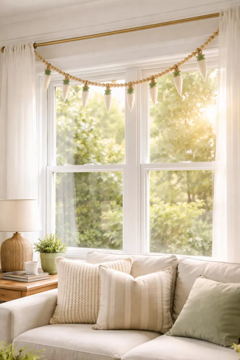 A realistic photo of a living room window with a simple garland of wooden beads and small white felt carrots draped across the top frame, with sunlight peeking through.