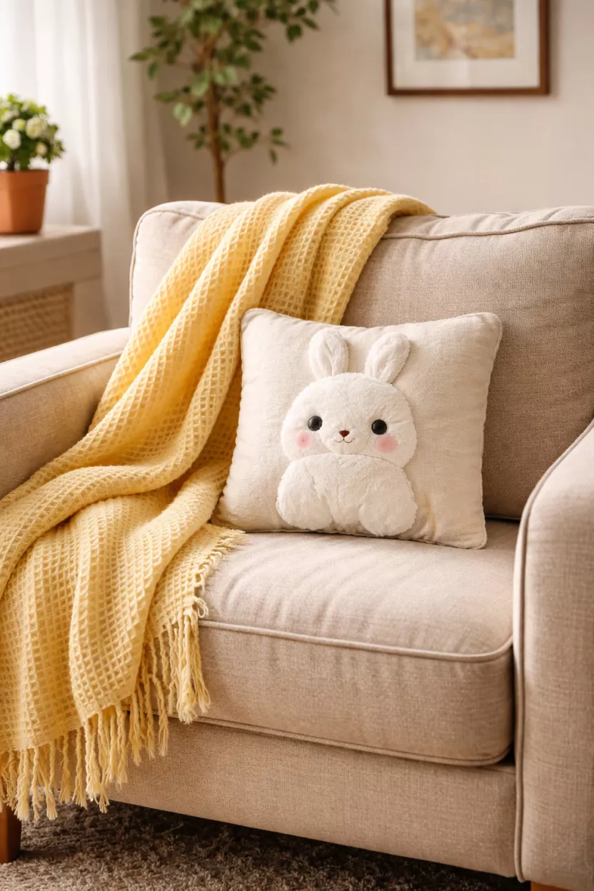 A realistic photo of a living room armchair with a soft yellow waffle knit throw blanket draped over the back and a small white bunny pillow sitting in the seat.