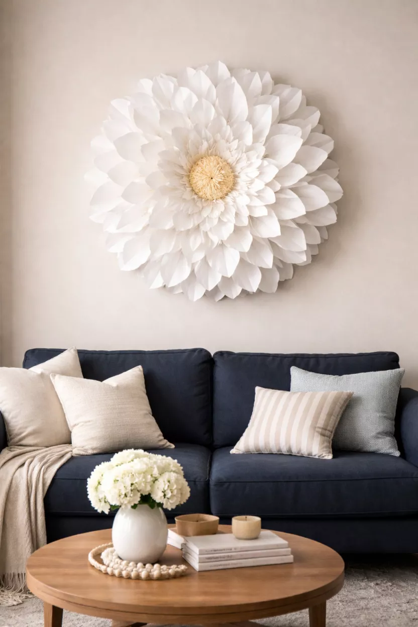 A realistic photo of a living room wall with a large white paper flower wreath features intricate petals and a soft yellow center, hung above a dark navy sofa.