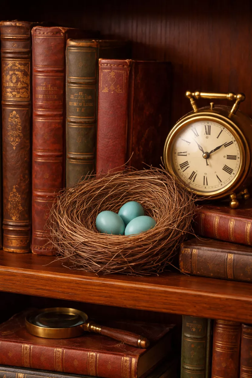 A realistic photo of a living room bookshelf with a small grapevine nest containing three blue robin eggs tucked between leather bound books and a small brass clock.