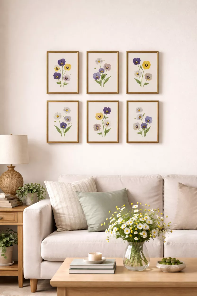 A realistic photo of a living room accent wall with a gallery of six small gold frames containing pressed spring pansies and daisies, arranged in a neat grid.