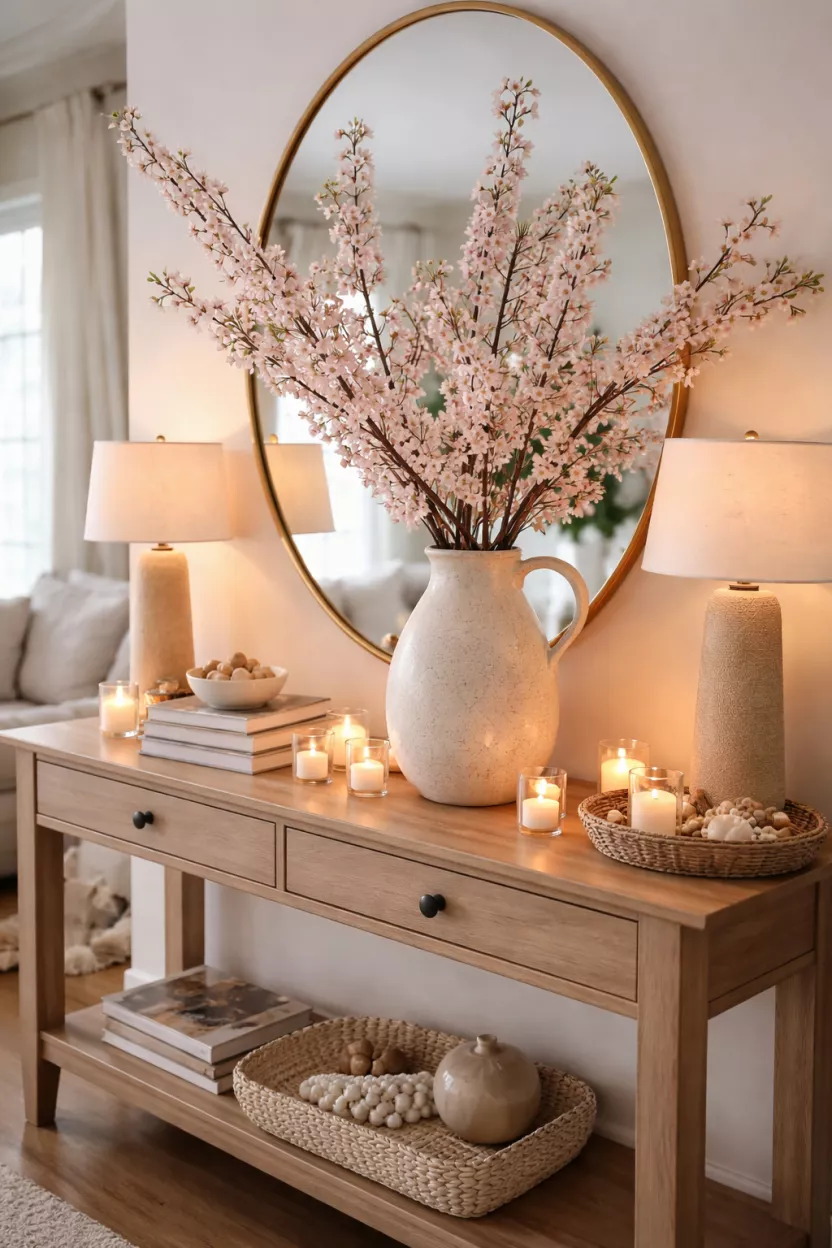 A realistic photo of a living room console table with a large ceramic pitcher holding tall cherry blossom branches, surrounded by several small tealight candles in glass holders.