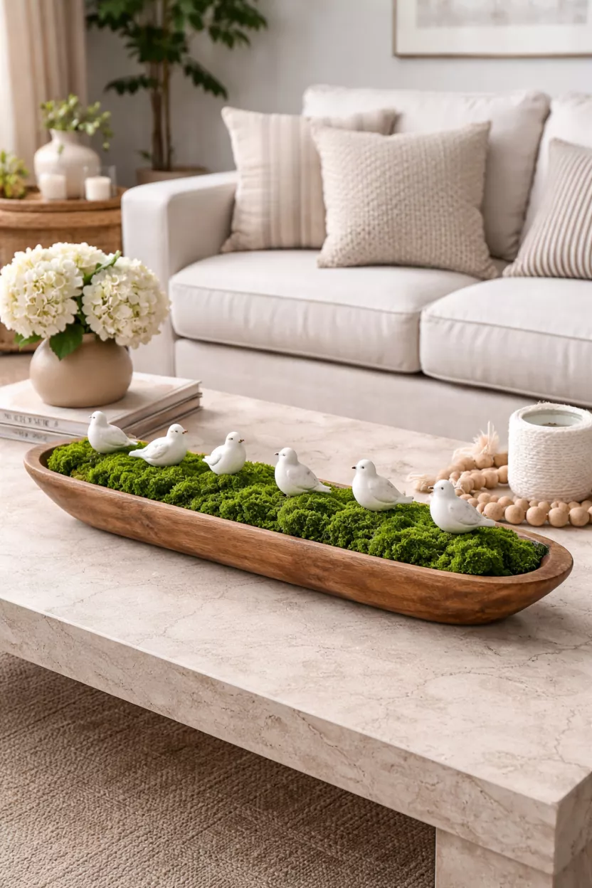 A realistic photo of a living room coffee table with a long wooden dough bowl filled with vibrant green preserved moss and several small white ceramic birds perched on top.