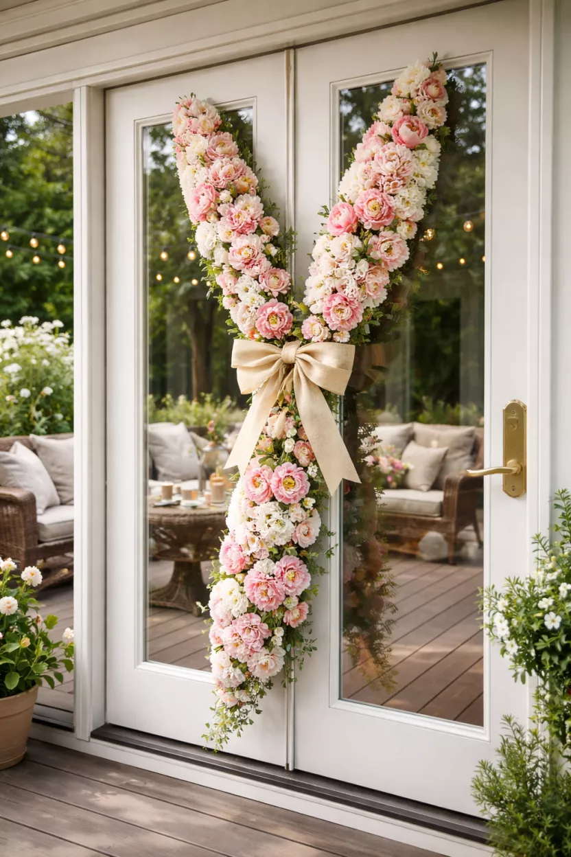 Floral Bunny Door Swag A realistic photo of a backyard deck with a glass door decorated with a vertical floral swag made of pink peonies and white hydrangeas shaped like a long bunny ear, tied with a cream burlap ribbon.