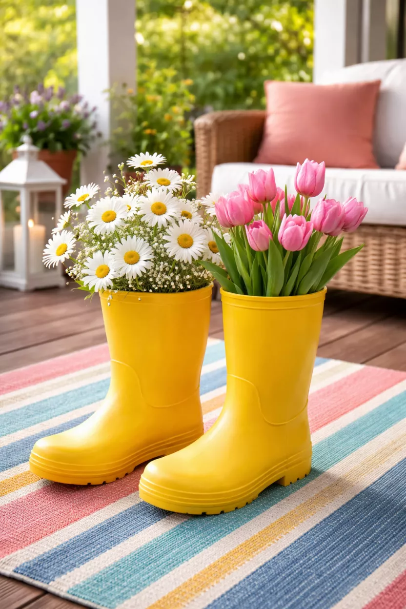 Floral Wellies Planter A realistic photo of a backyard porch featuring a pair of bright yellow rubber rain boots used as planters, overflowing with white daisies and pink tulips, sitting on a colorful striped outdoor rug.