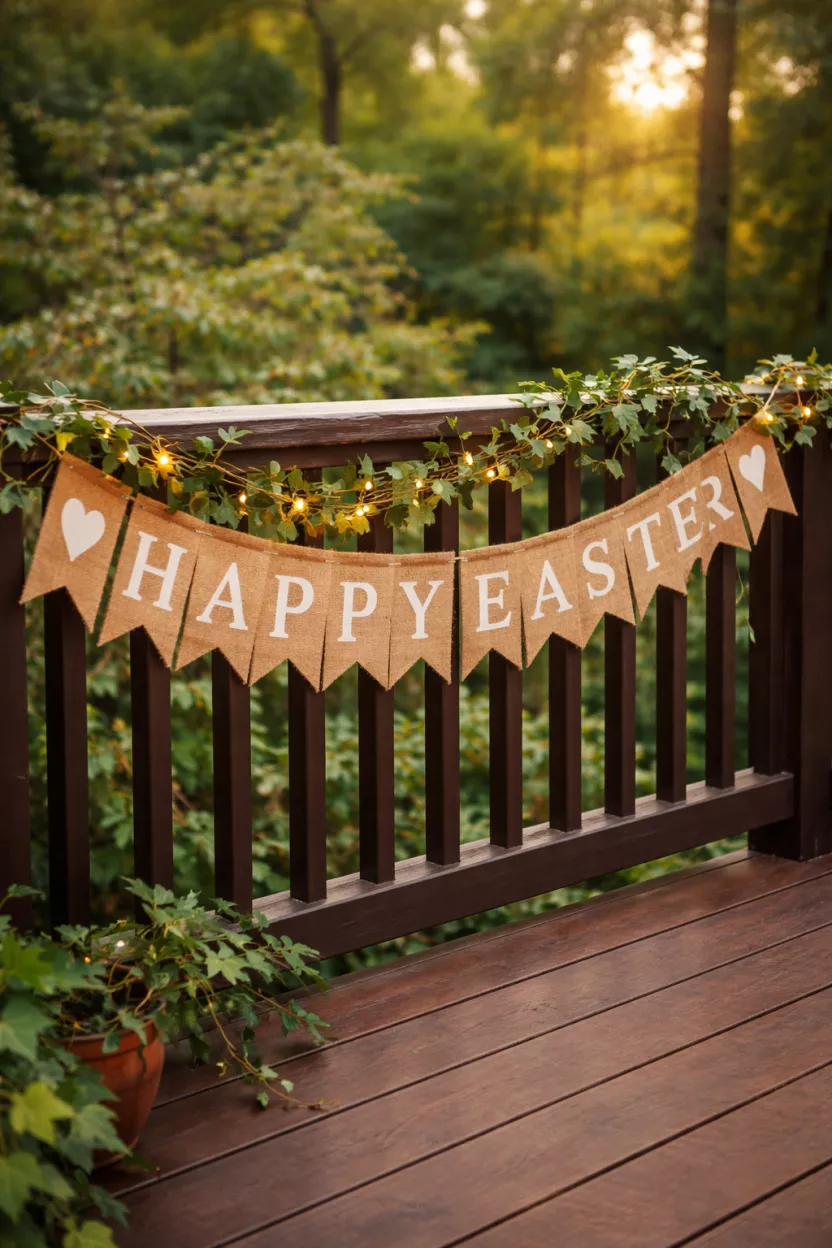 Easter Banner Garland A realistic photo of a backyard railing made of dark wood, draped with a rustic burlap banner that spells out Happy Easter in white letters, intertwined with a green ivy vine and small white lights.
