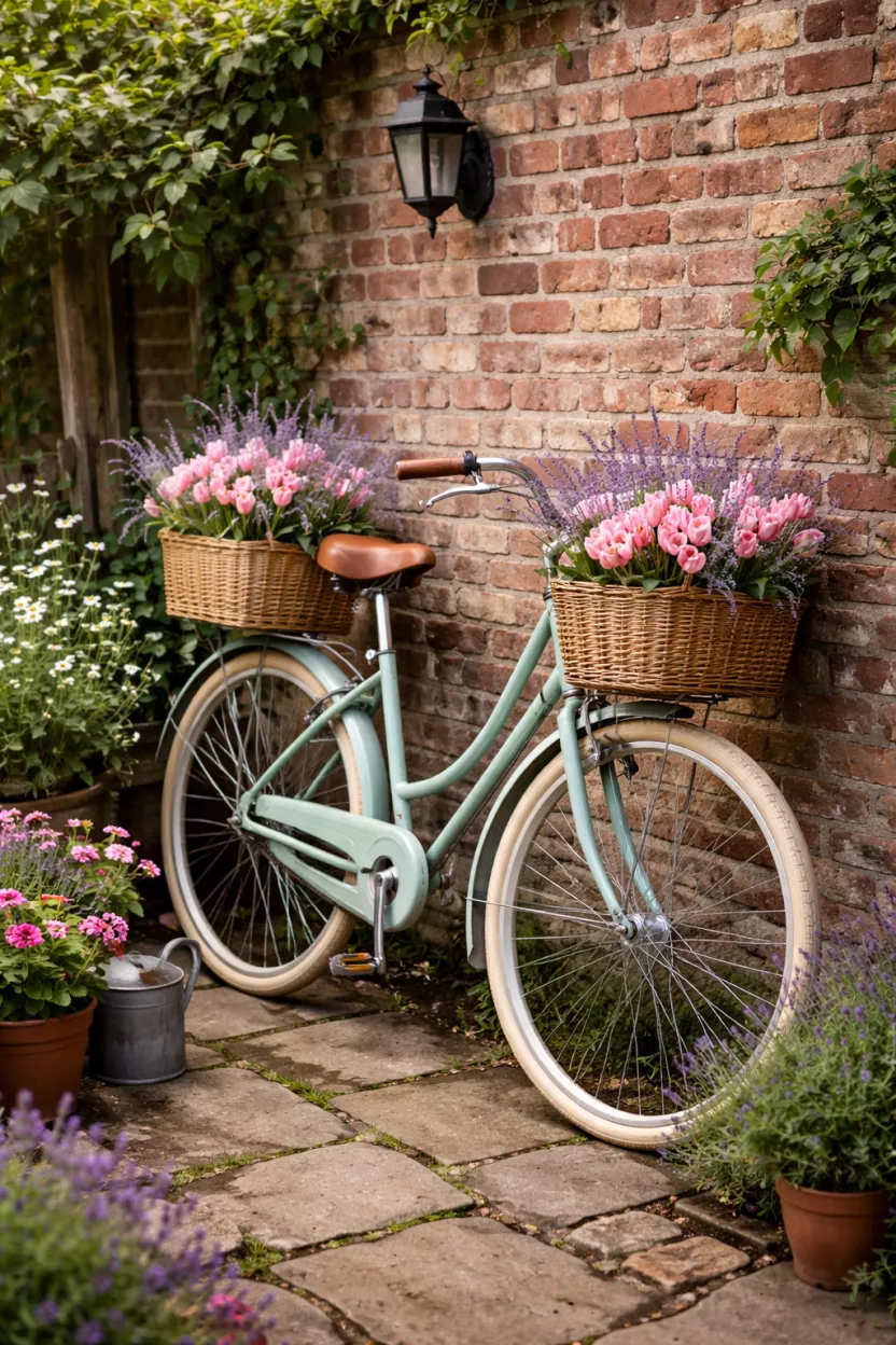 Vintage Bicycle Flower Display A realistic photo of a backyard corner with a vintage mint green bicycle leaning against a brick wall with front and back baskets overflowing with pink tulips and purple lavender stems.