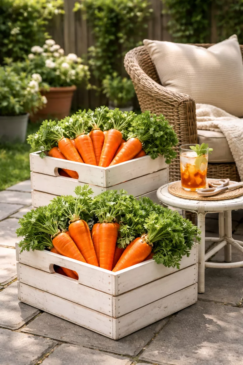 Carrot Patch Porch Planters A realistic photo of a backyard patio with white wooden crates filled with orange wooden carrots and fresh green parsley, sitting next to a wicker chair and a small side table holding a glass of iced tea.