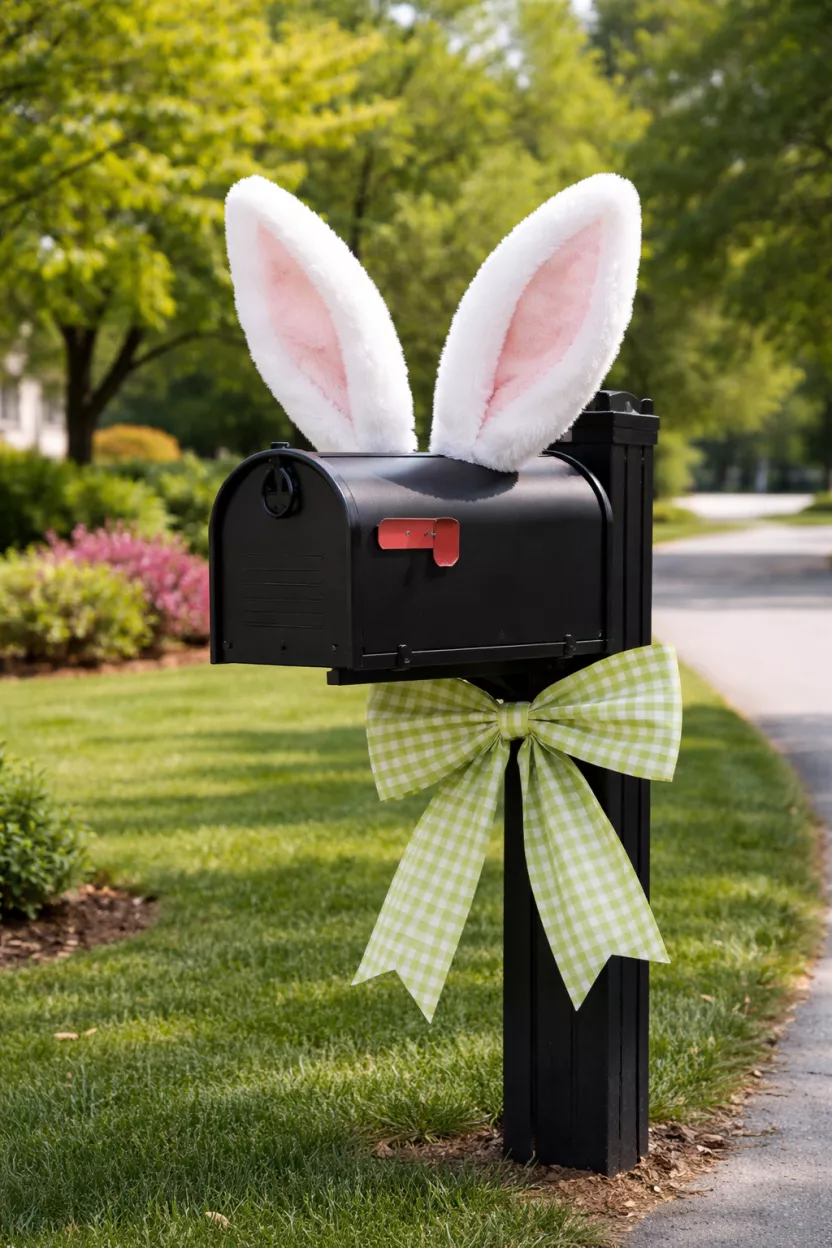 Bunny Ear Mailbox Topper A realistic photo of a backyard street view showing a black metal mailbox with a pair of large plush white bunny ears attached to the top and a bow made of green gingham ribbon around the post.
