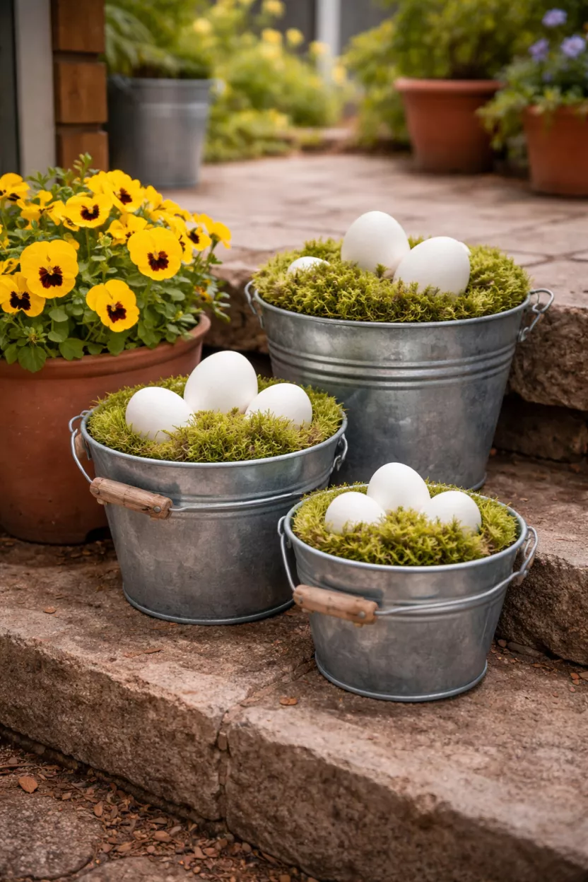 Galvanized Metal Egg Buckets A realistic photo of a backyard step decorated with three galvanized metal buckets of varying sizes, filled with green moss and large white decorative eggs, sitting next to a pot of bright yellow pansies.