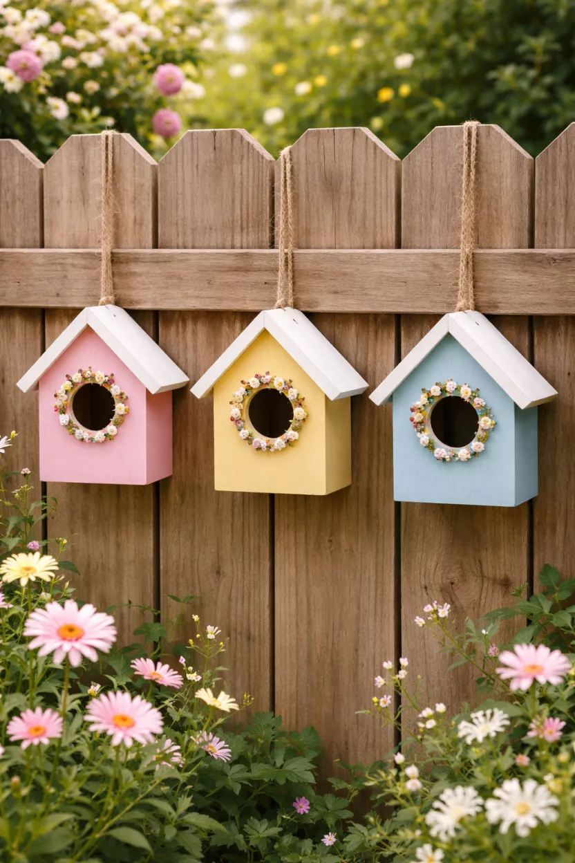 Pastel Painted Birdhouses A realistic photo of a backyard fence with three small wooden birdhouses painted in pastel pink, yellow, and blue hanging in a row, decorated with tiny floral garlands around the circular openings.