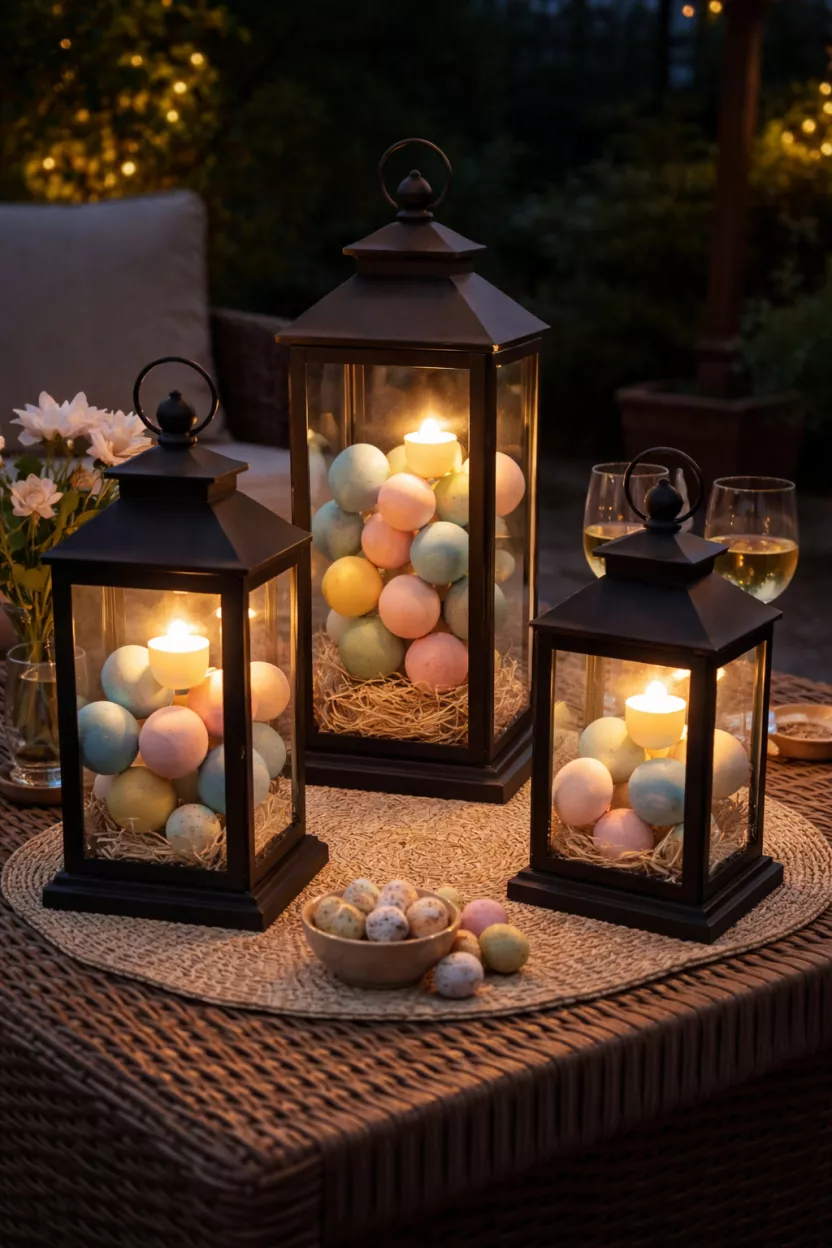 Egg Filled Lantern Clusters A realistic photo of a backyard patio table at night with three black metal lanterns of different heights, each filled with various sizes of pastel painted eggs and glowing with warm battery-powered puck lights.