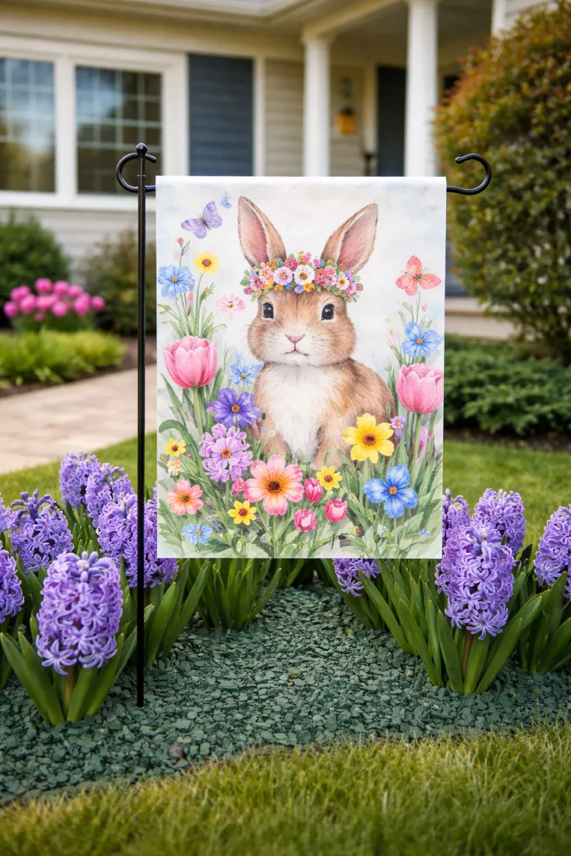 Spring Porch Flag A realistic photo of a backyard house front with a small colorful garden flag featuring a watercolor bunny and flowers, standing in a flower bed filled with purple hyacinths and green mulch.