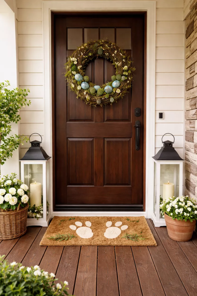 Rustic Grapevine Nest Wreath A realistic photo of a backyard porch featuring a dark wood front door adorned with a large natural grapevine wreath containing moss and blue robin eggs, framed by two tall white lanterns and a mat with a bunny footprint.