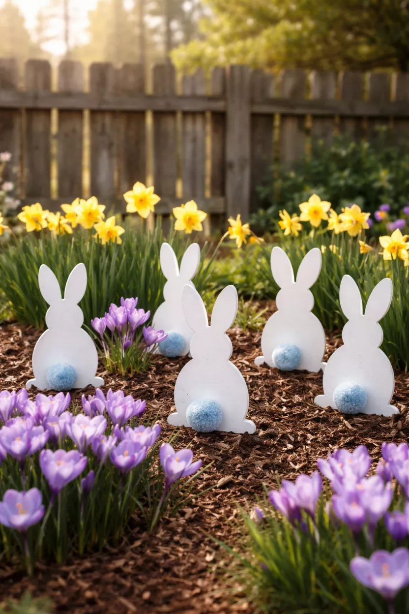 Whimsical Bunny Garden Stakes A realistic photo of a backyard garden bed where several white wooden bunny silhouettes with pastel blue cotton tails stand among purple crocuses and yellow daffodils, with a rustic wooden fence in the background under soft morning light.