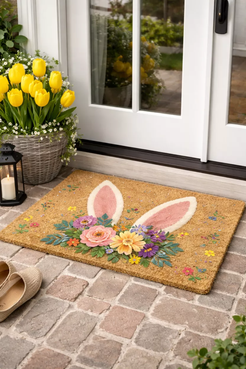 Bright Floral Door Mat A realistic photo of a backyard porch entry with a natural coir doormat featuring a colorful floral bunny ears design, sitting in front of a white door with a glass pane and a potted yellow tulip.
