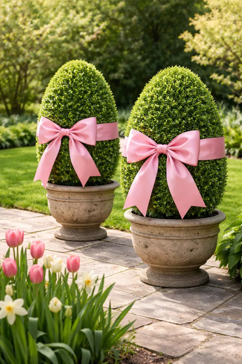 Giant Wrapped Topiary Eggs A realistic photo of a backyard featuring two large manicured green boxwood shrubs shaped like eggs and wrapped in thick pink satin ribbons with oversized bows, sitting in weathered stone planters on a sunlit stone patio next to budding tulips and green grass.