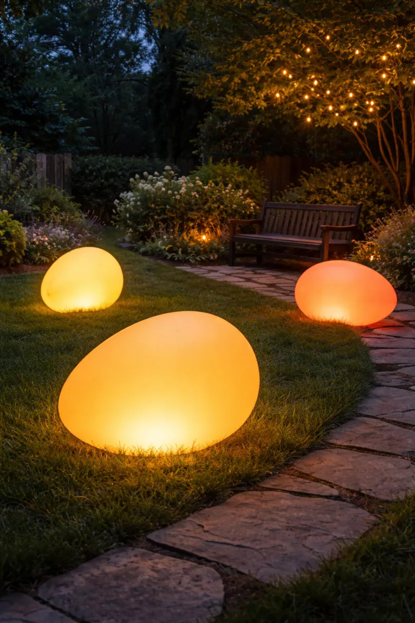 Oversized Inflatable Pastel Orbs A realistic photo of a backyard lawn at dusk where three giant glowing translucent yellow and orange inflatable eggs sit scattered on the grass, casting a soft warm light onto a nearby stone path and garden bench.