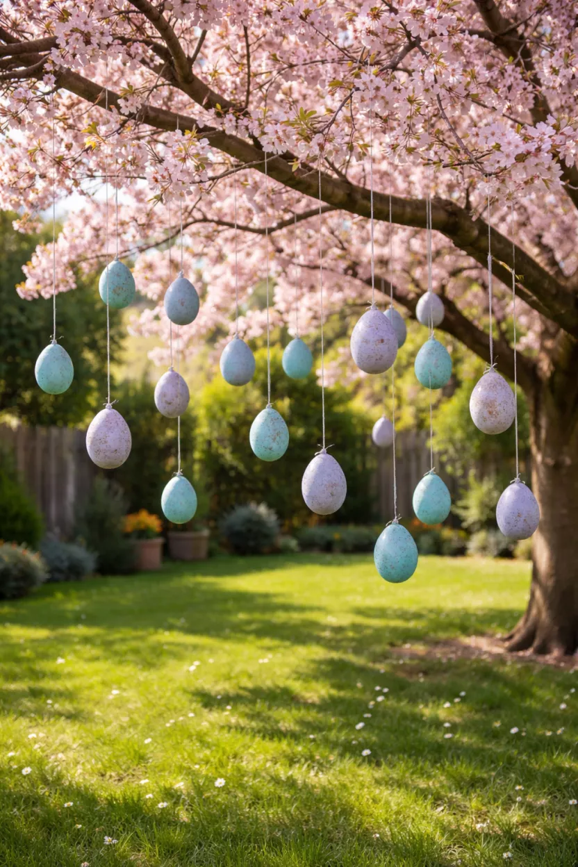 Pastel Hanging Tree Eggs A realistic photo of a backyard showing a blooming cherry blossom tree with dozens of small speckled teal and lavender ceramic eggs hanging from thin silver wires, swaying gently over a lush green lawn during a bright afternoon.