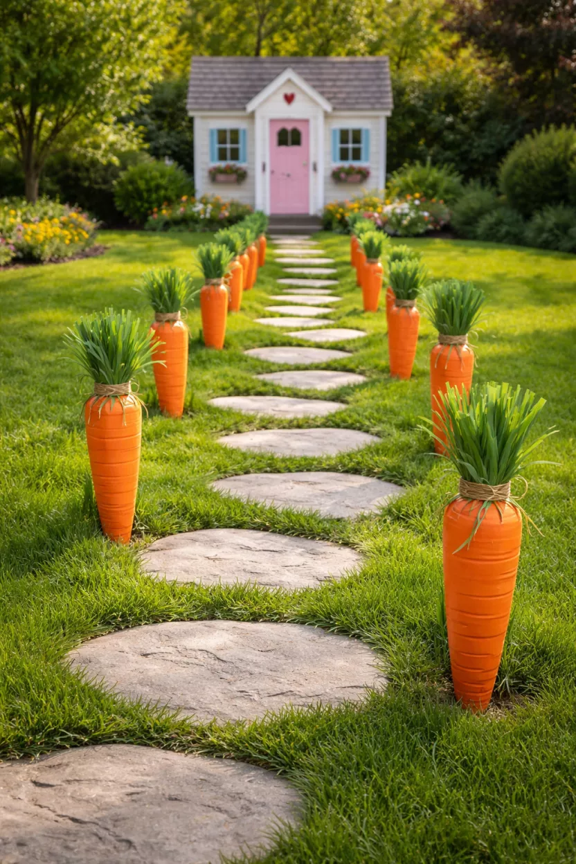 Giant Yard Carrot Pathway A realistic photo of a backyard stone path lined with large orange cones modified to look like carrots with green raffia tops, leading through a green lawn toward a childs playhouse.