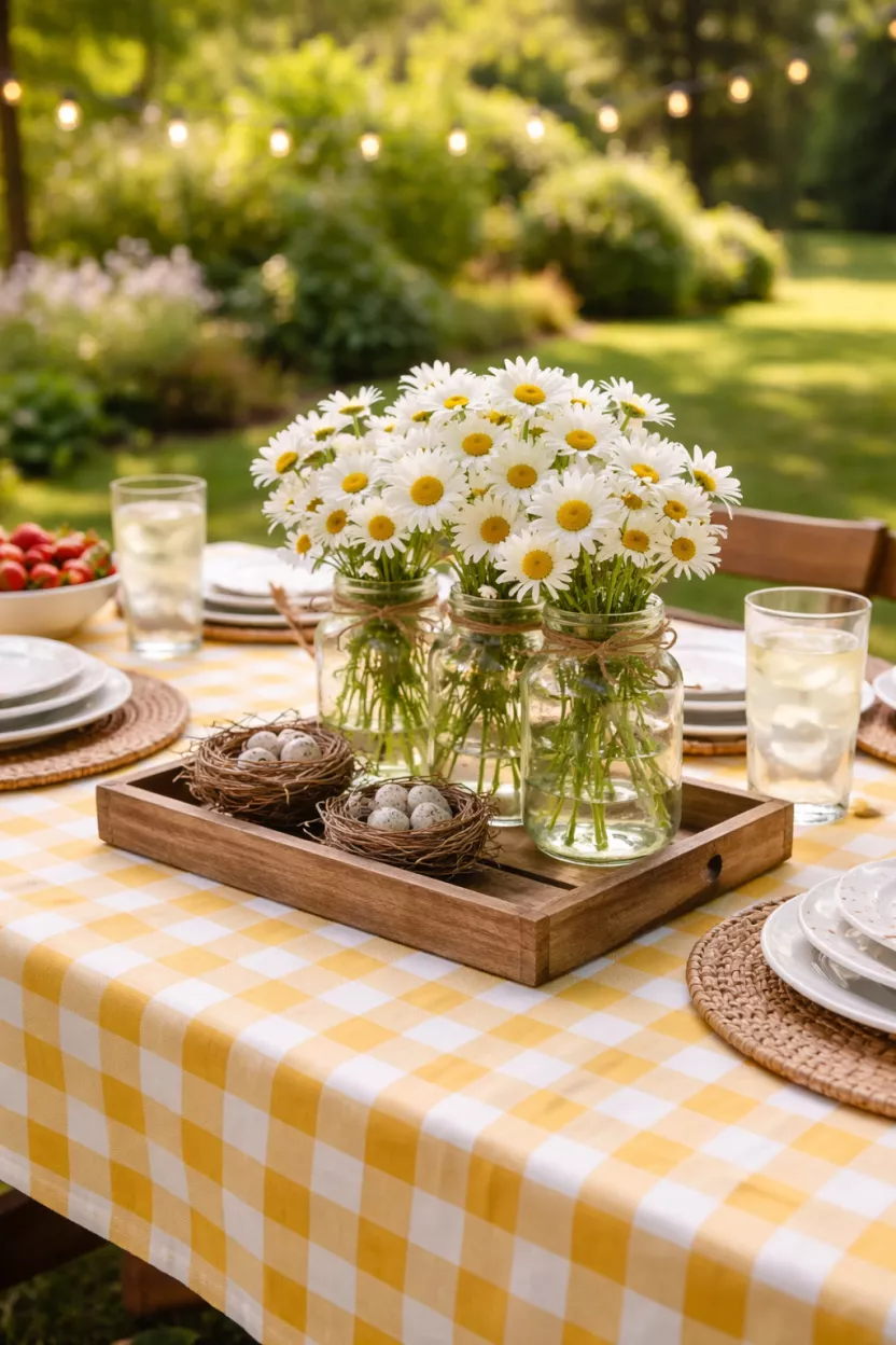 Spring Picnic Table Setting A realistic photo of a backyard picnic table covered in a yellow checkered tablecloth with a centerpiece of glass jars filled with white daisies and small bird nests on a wooden tray.