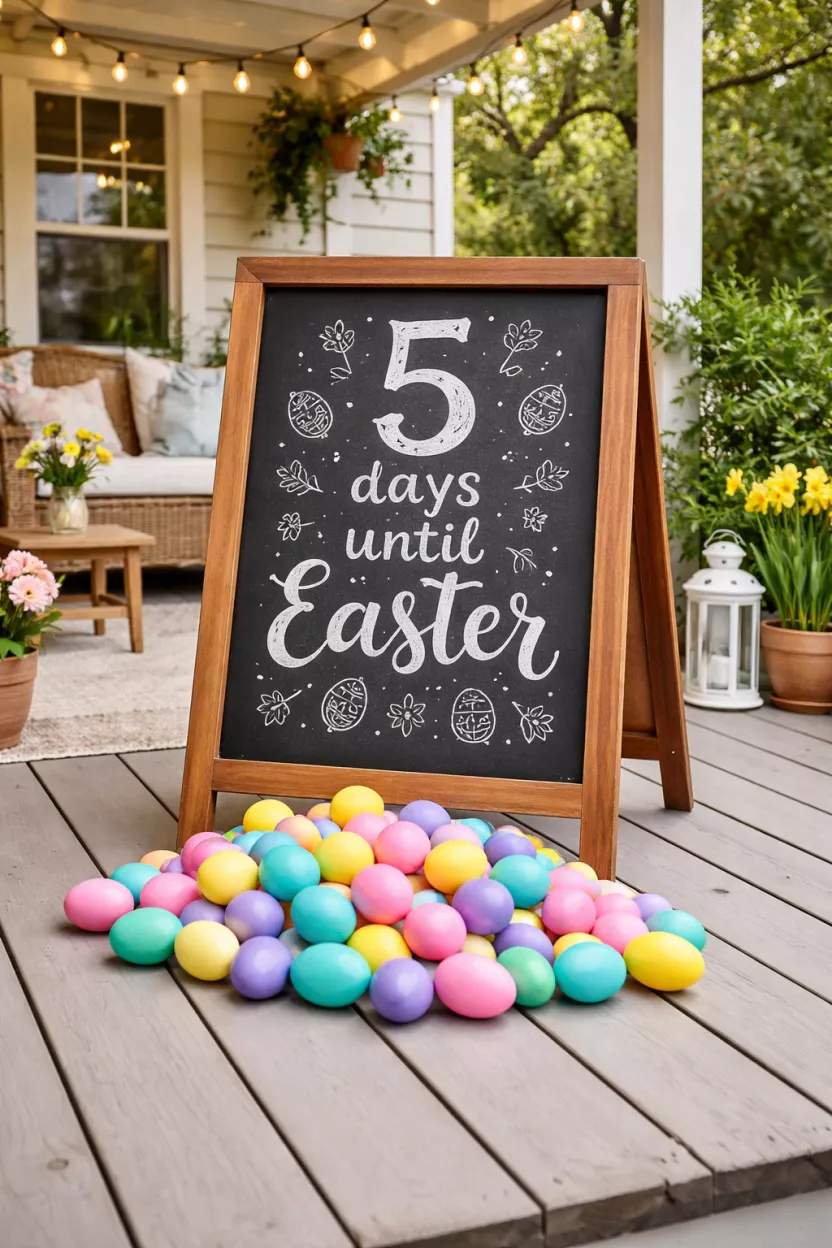Chalkboard Easter Countdown A realistic photo of a backyard porch with a large wooden A-frame chalkboard sitting on the floor, displaying the words 5 days until Easter in white chalk and surrounded by a pile of colorful plastic eggs.