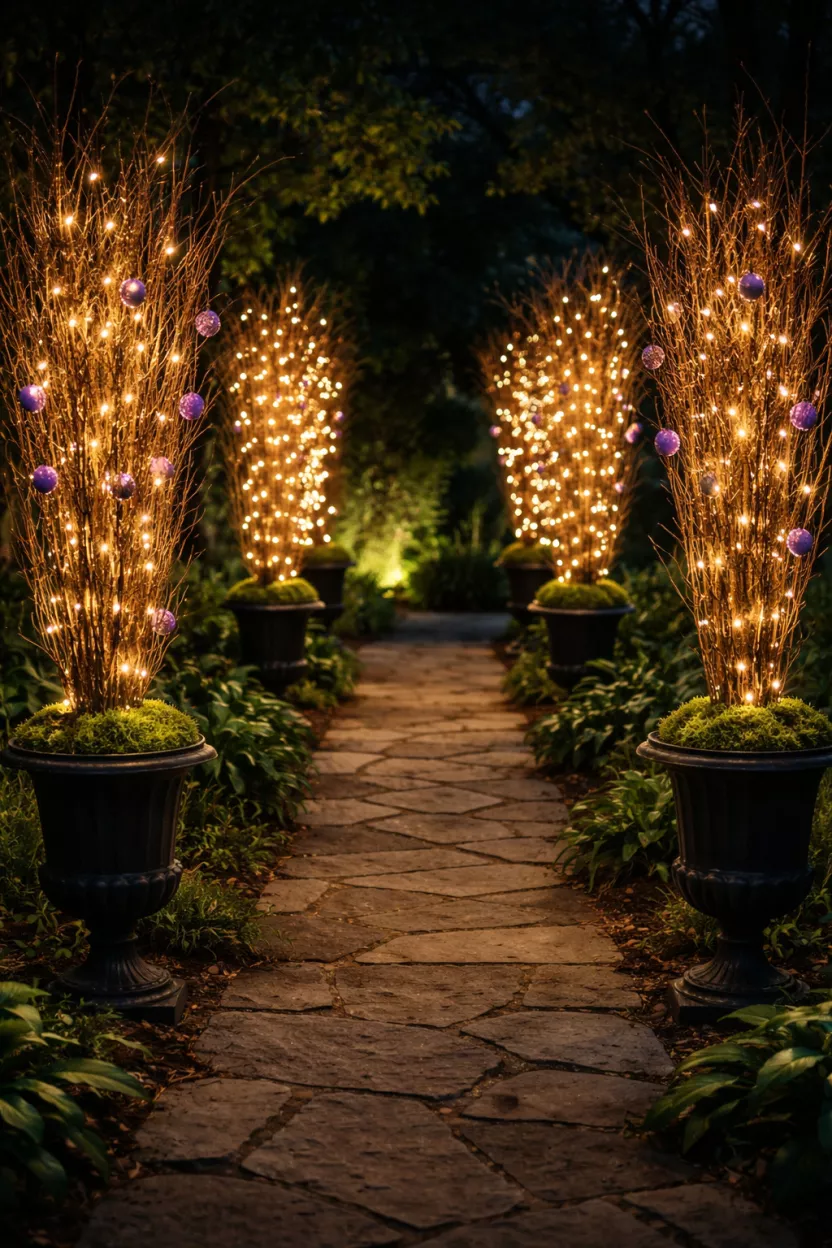 Lighted Willow Branch Bundles A realistic photo of a backyard walkway at night lined with tall brown willow branches in black metal urns, wrapped in warm white fairy lights and adorned with small purple egg ornaments.
