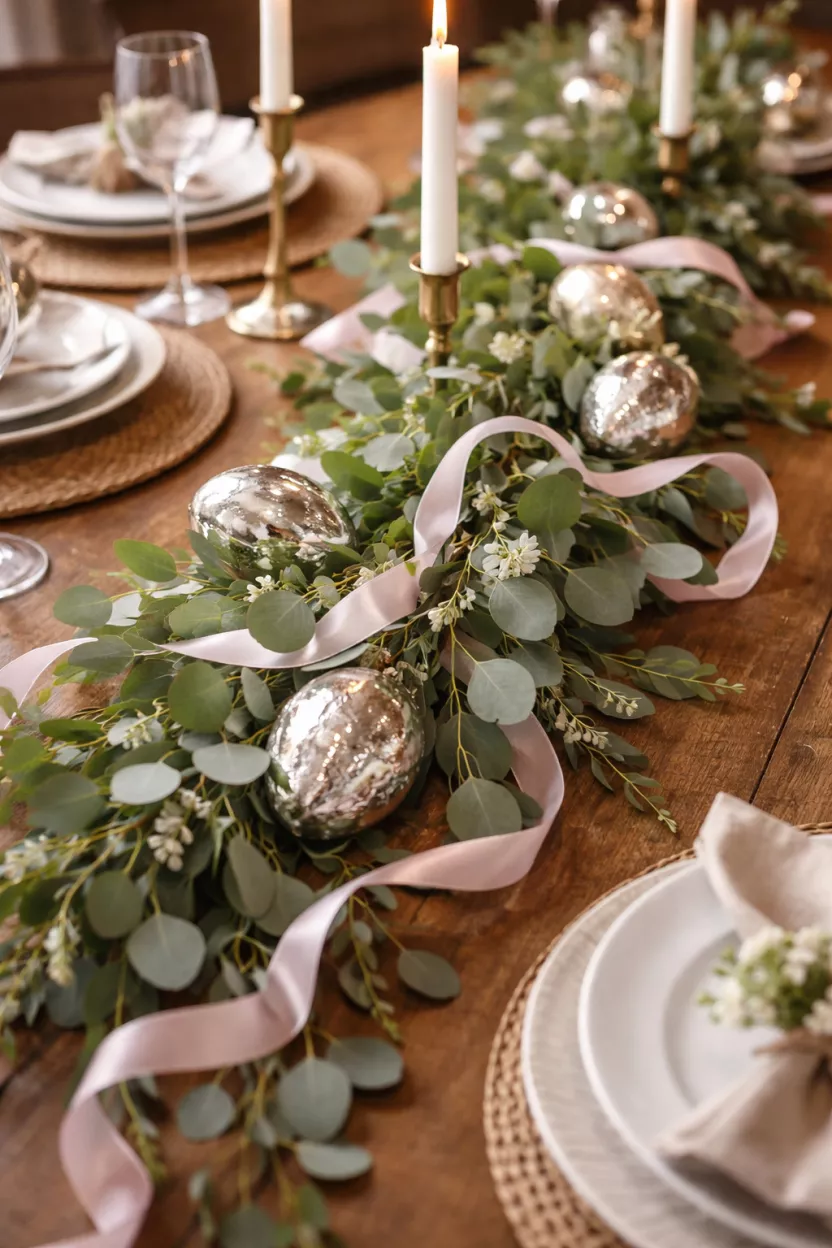 Eucalyptus Branch Cascade A realistic photo of a dining table featuring green eucalyptus branches draped across a wooden table, interwoven with thin silk pink ribbons and silver egg ornaments reflecting light.
