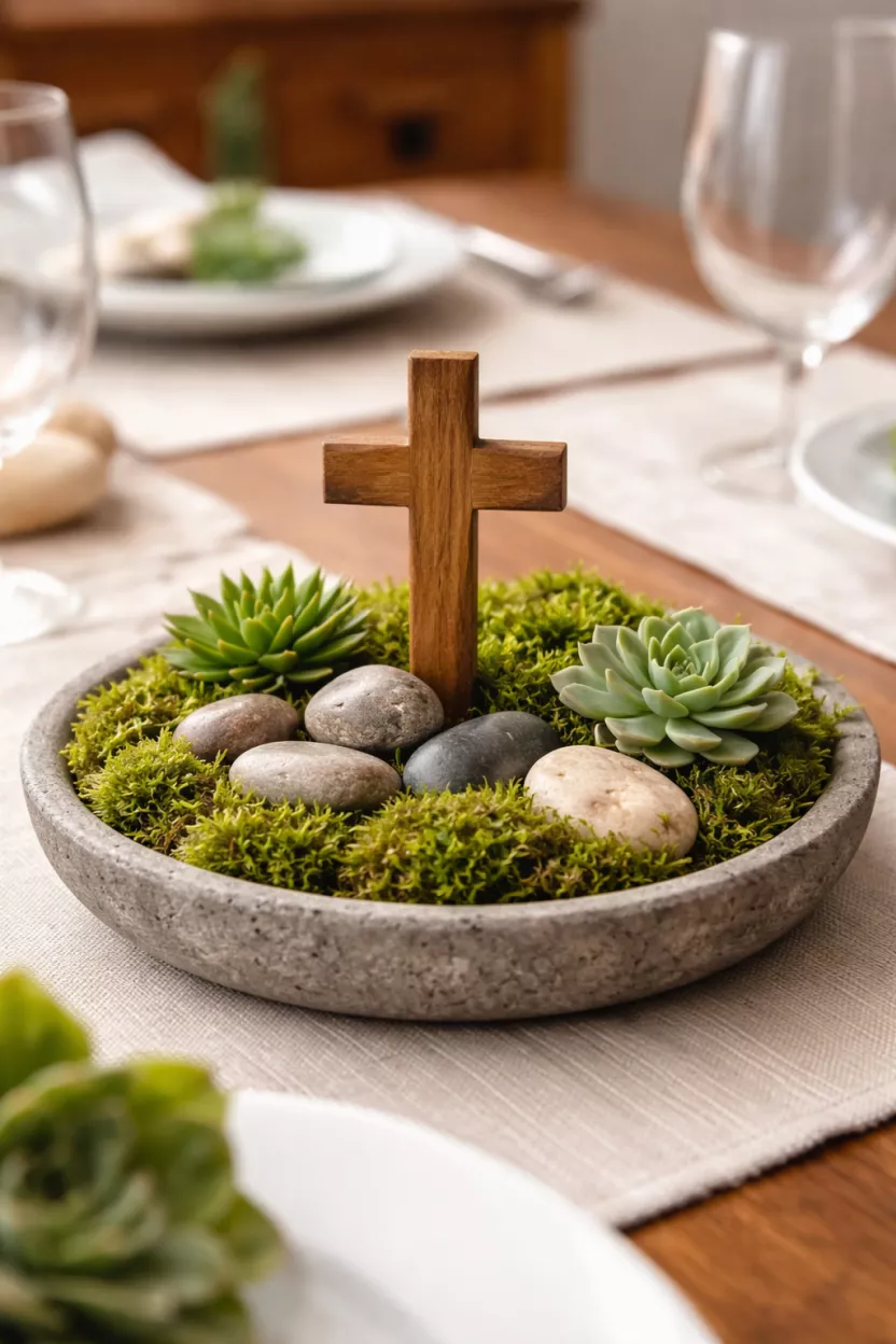 Resurrection Garden Diorama A realistic photo of a dining table featuring a small grey stone dish containing green moss, several smooth pebbles, a miniature wooden cross, and small green succulents.