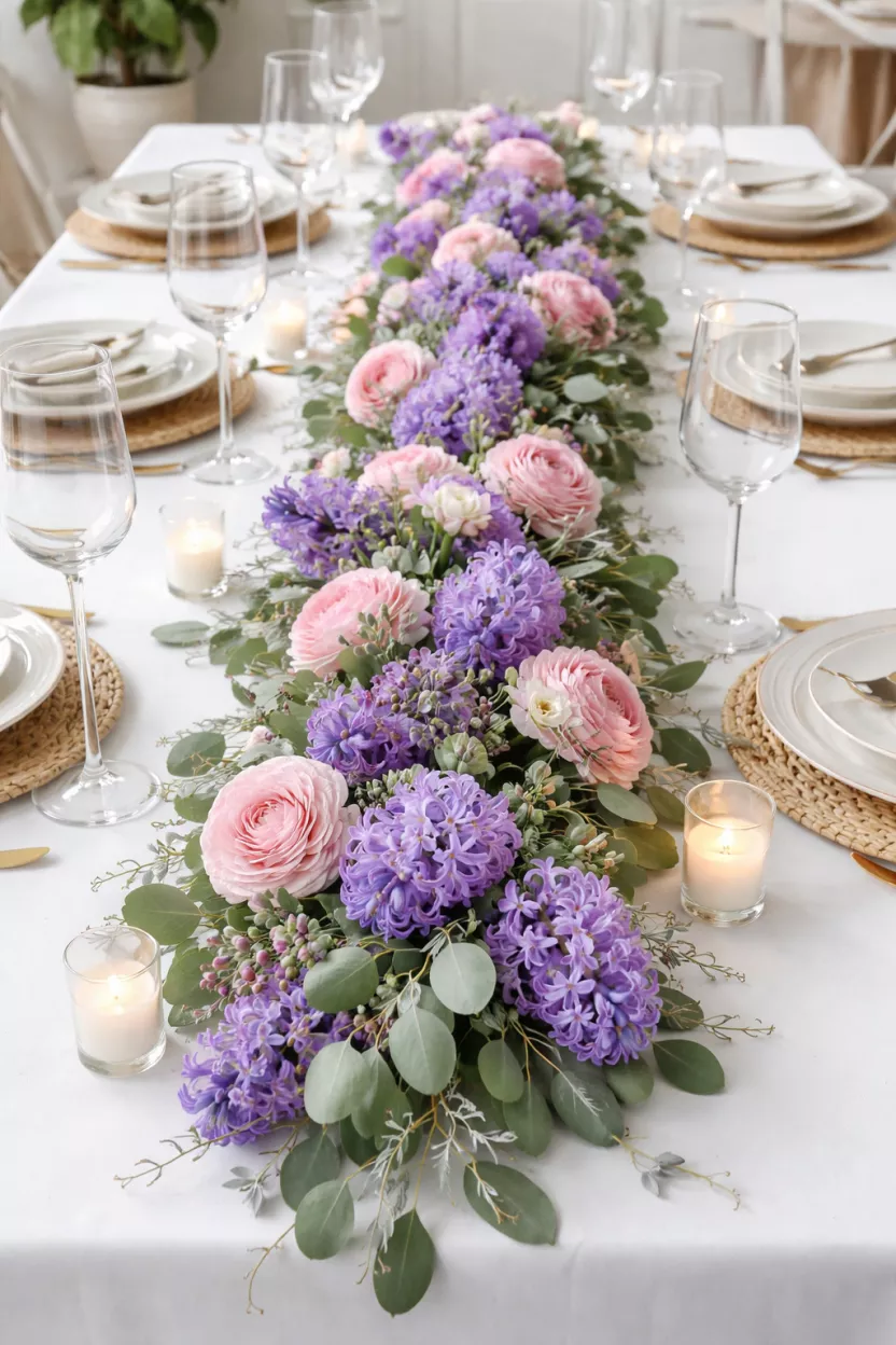 Floral Garland Runner A realistic photo of a dining table featuring a long lush garland of purple hyacinths and pink ranunculus stretching across a white table, accented with subtle green leaves and tied with floral wire.