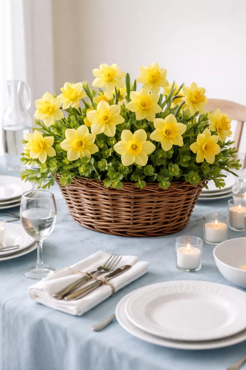 Daffodil Basket Bouquet A realistic photo of a dining table featuring a brown woven willow basket overflowing with bright yellow daffodils and green filler leaves, sitting on a light blue tablecloth with white dishes.