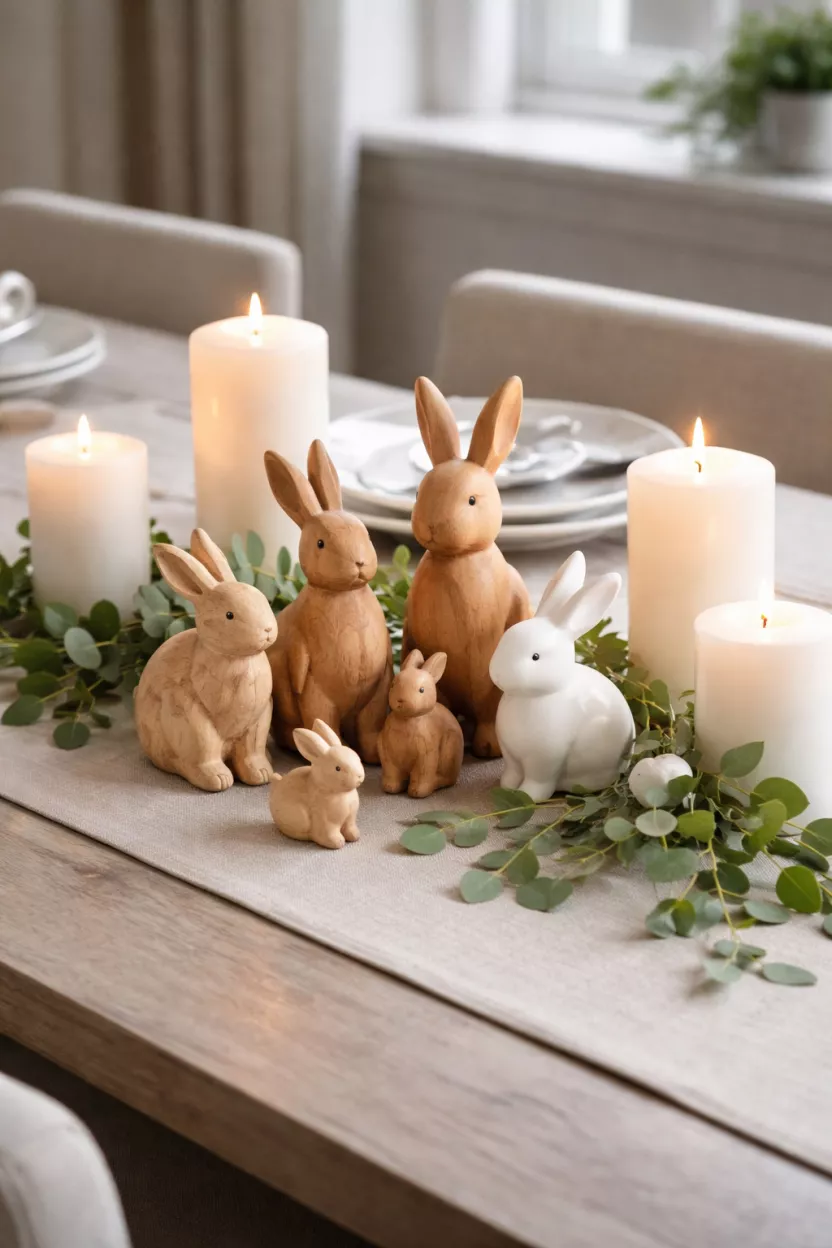 Bunny Figurine Cluster A realistic photo of a dining table featuring a group of wooden and ceramic bunny figurines in varying sizes, several white pillar candles, and scattered green leaves on a modern tabletop.