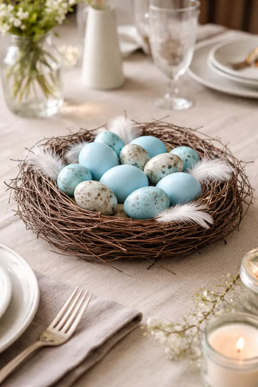 Dyed Easter Egg Nest A realistic photo of a dining table featuring a rustic brown twig nest filled with blue and speckled turquoise eggs, soft white feathers tucked between the eggs, and a neutral linen tablecloth underneath.