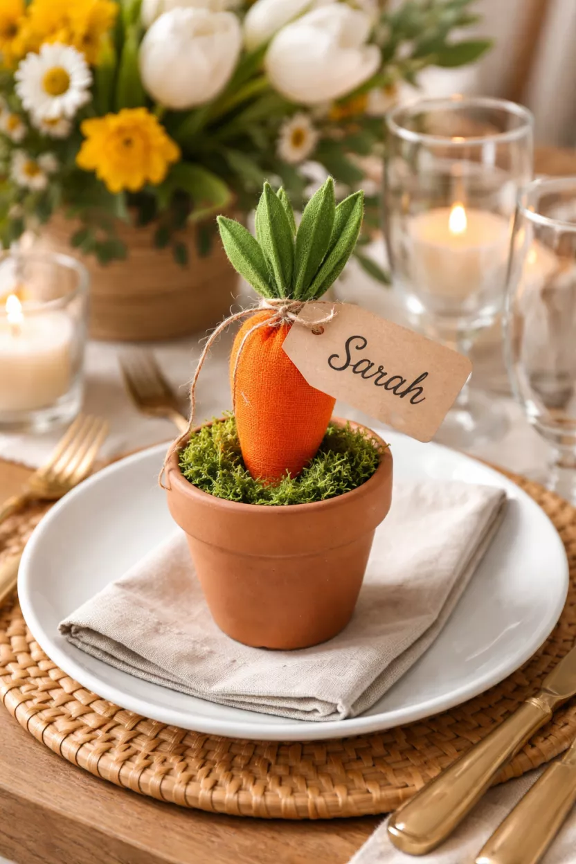 Carrot Patch Place Setting A realistic photo of a dining table featuring a mini terra cotta pot with green moss and a bright orange fabric carrot used as a place card holder with a guest name written on a tag.