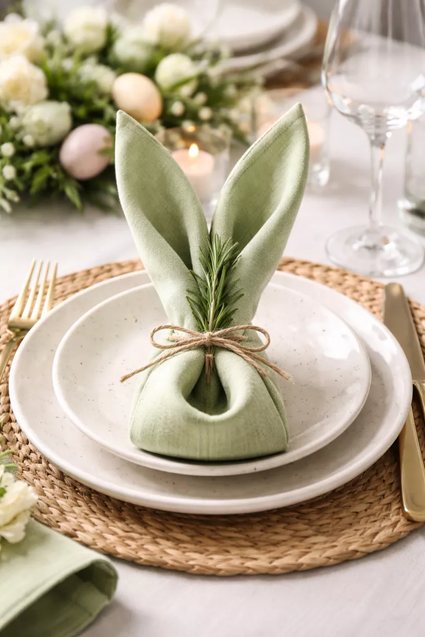 Linen Napkin Bunny Folds A realistic photo of a dining table place setting featuring a light green linen napkin folded into a bunny shape with long ears, topped with a single rosemary sprig.