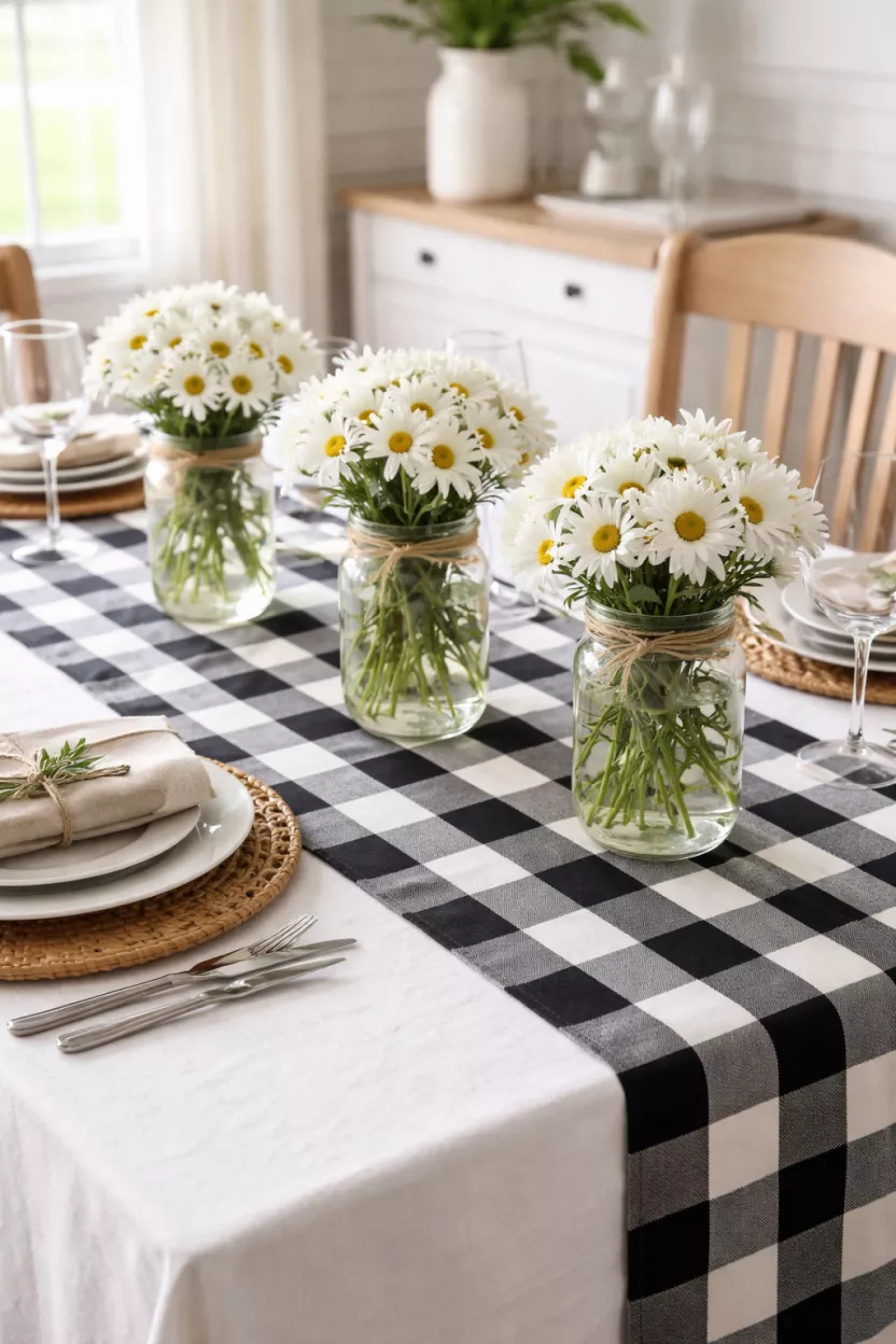 Farmhouse Checkered Runner A realistic photo of a dining table featuring a black and white buffalo check table runner over a white cloth, with clear mason jars filled with white daisies.
