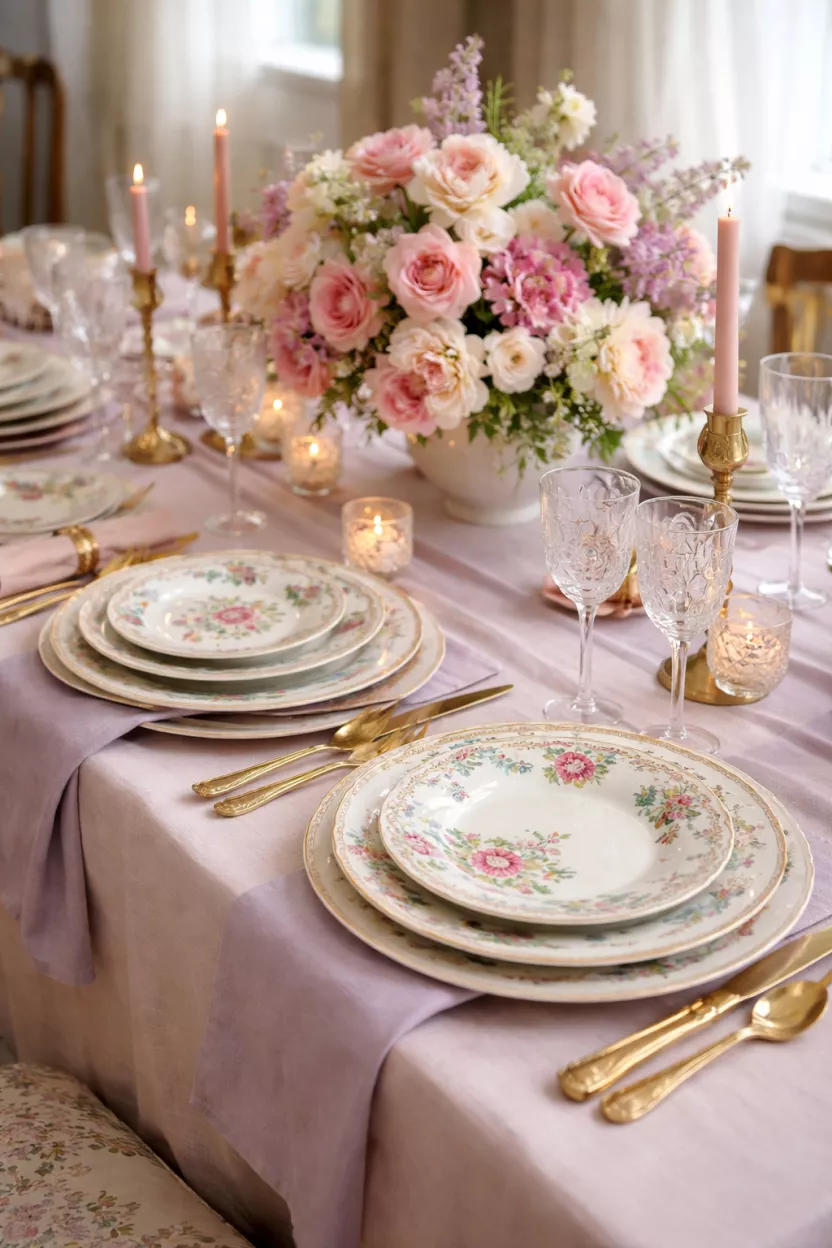 Organic Pastel Layering A realistic photo of a dining table featuring a light pink tablecloth, a soft lavender runner, and mismatched floral china plates layered together.