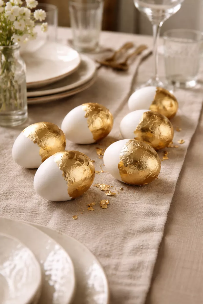 Gold Foil Egg Embellishments A realistic photo of a dining table featuring several white eggs partially covered in shiny gold foil, resting on a beige linen table runner next to cream colored plates.