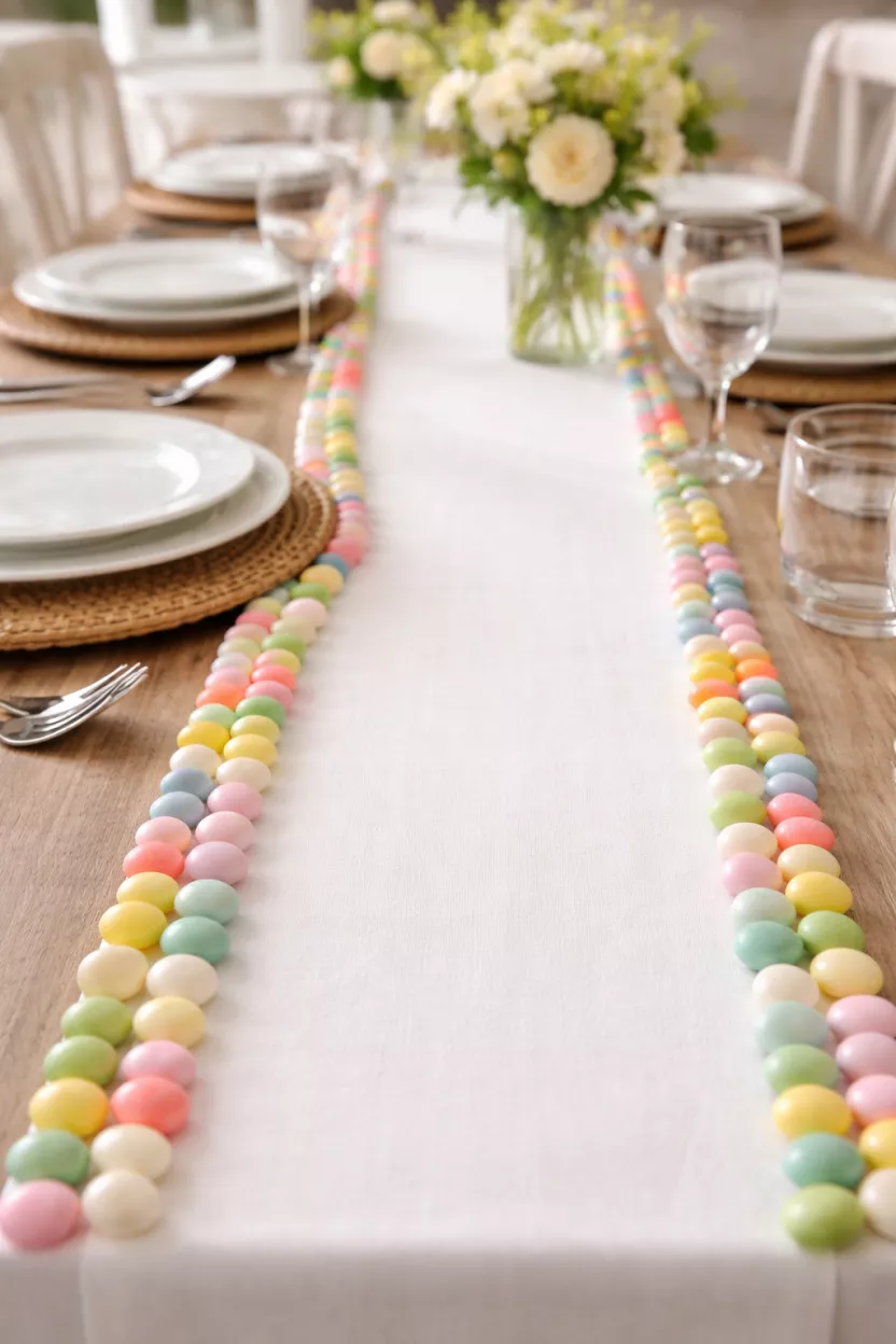 Jelly Bean Pathways A realistic photo of a dining table featuring a line of multi colored pastel jelly beans following the edge of a white table runner, surrounding white ceramic plates.