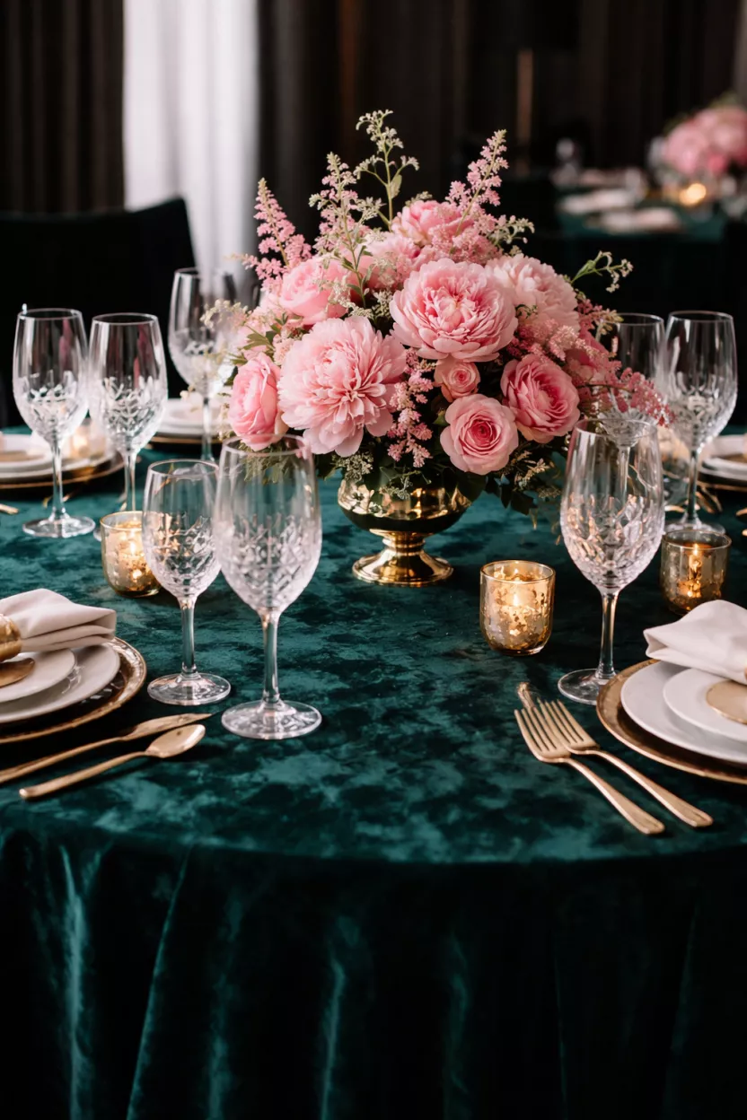 Luxurious Velvet Tablecloth A realistic photo of a dining table with a dark emerald green velvet tablecloth, crystal wine glasses, and pink flowers in the center.