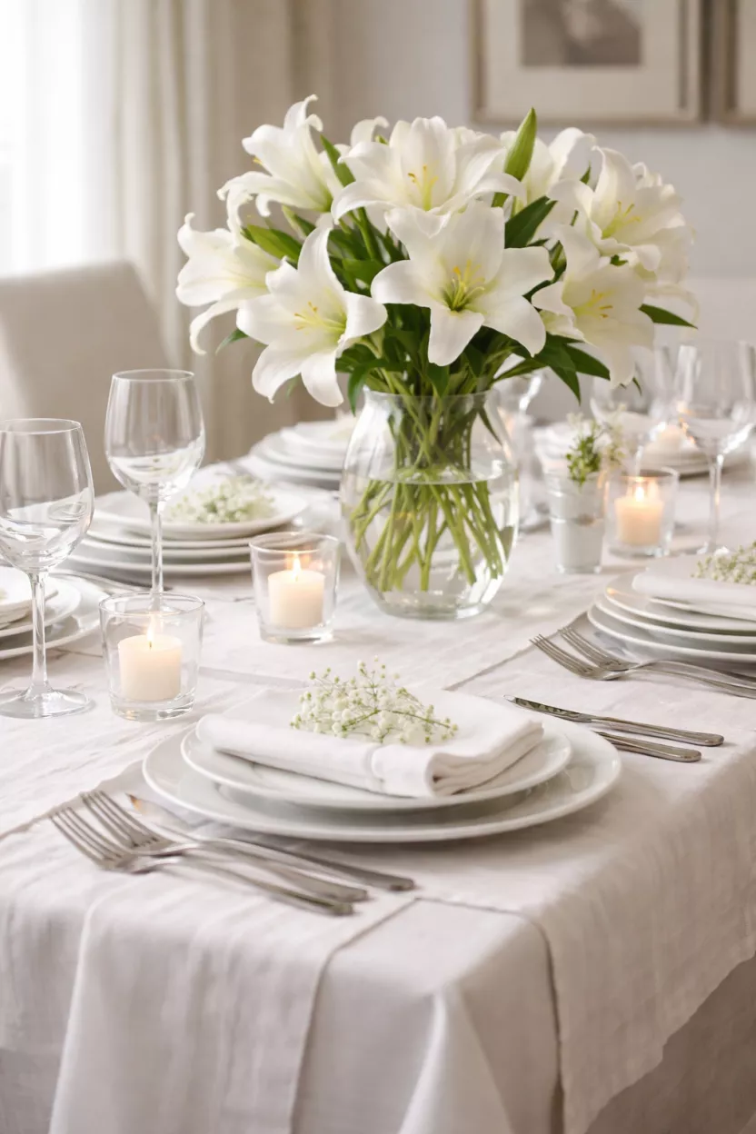 Elegant White Tablescape A realistic photo of a dining table with layered white linens, white porcelain dishes, silver flatware, and a glass vase filled with white Easter lilies.
