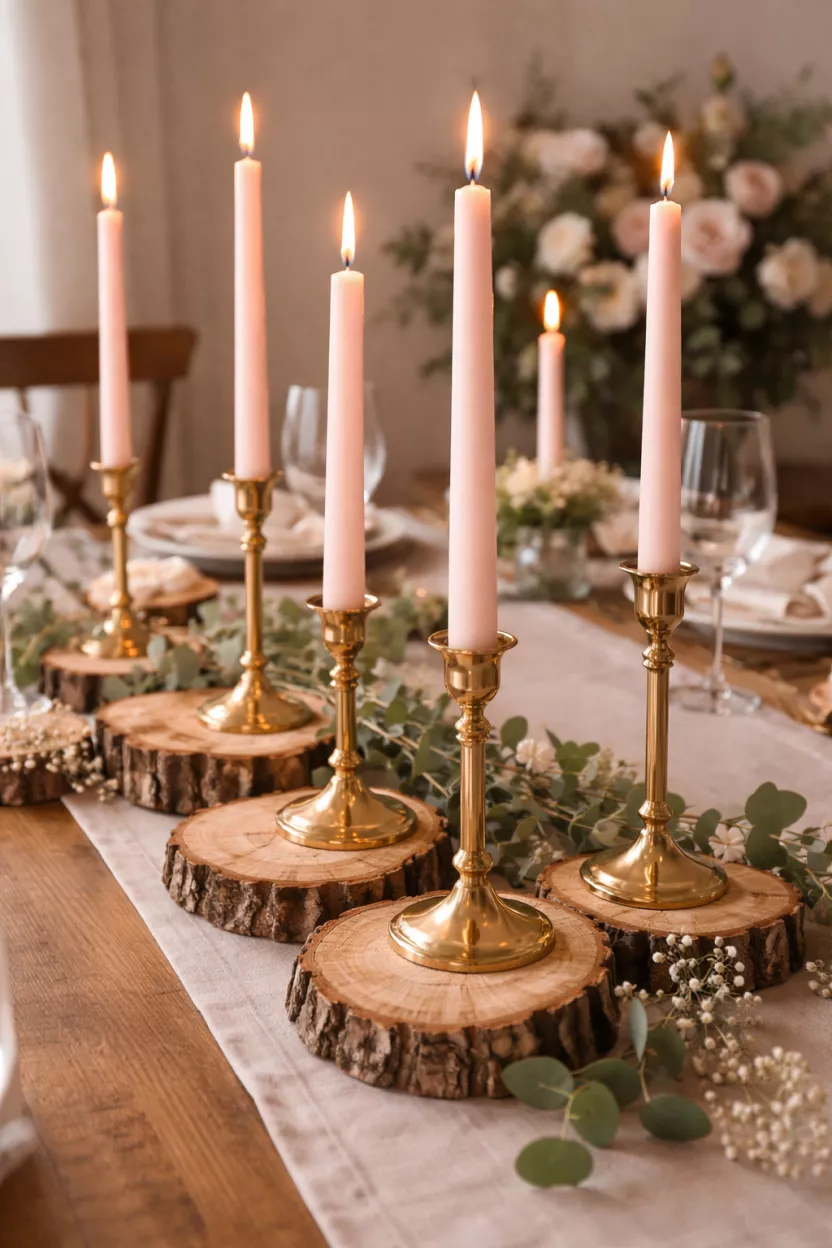 Gilded Taper Holders A realistic photo of a dining table with gold taper candle holders, long pastel pink candles, and rough bark wood slices scattered around the base.