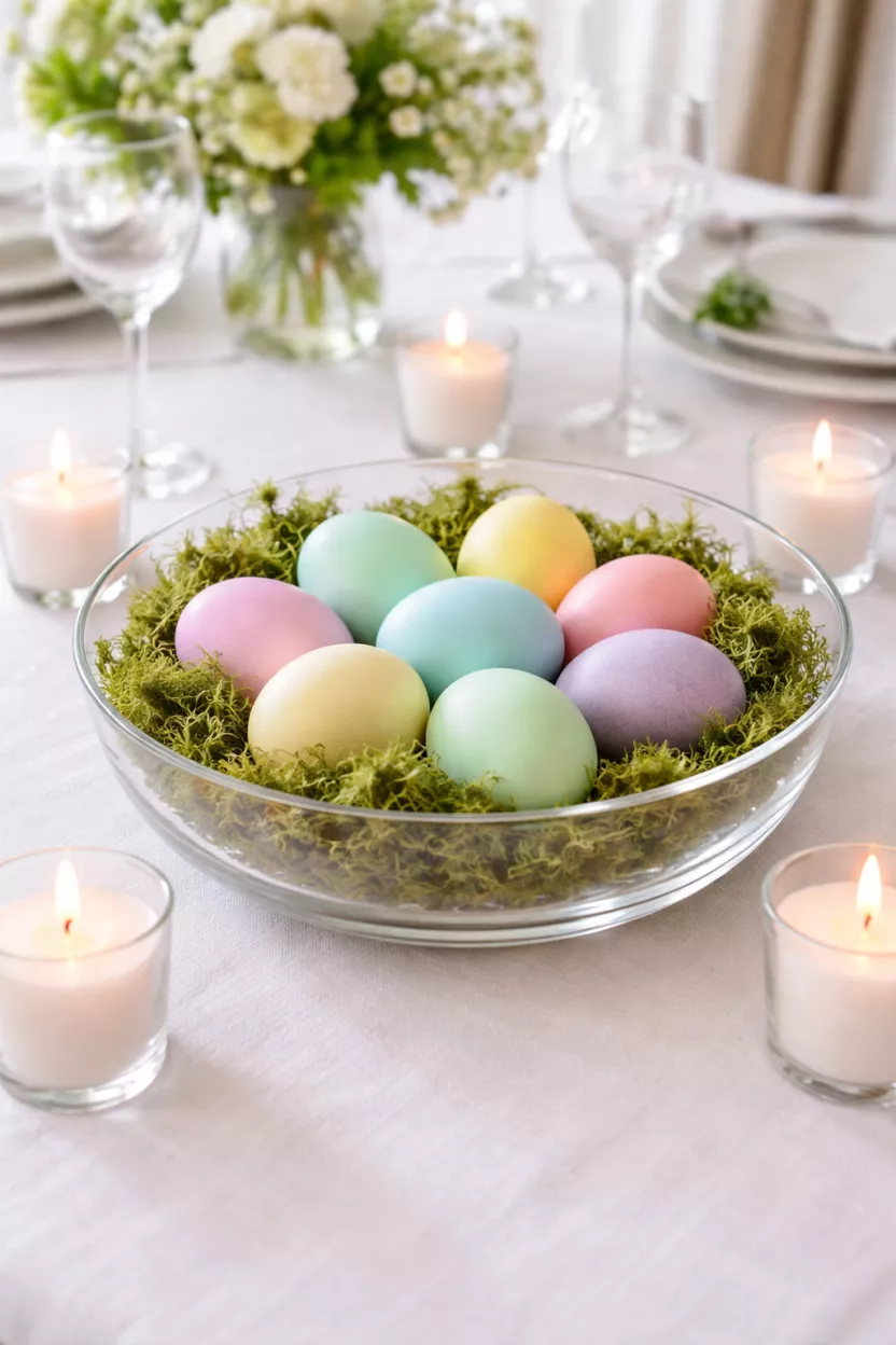 Pastel Egg Centerpiece A realistic photo of a dining table featuring dyed pastel eggs nestled in green moss inside a low glass bowl, surrounded by small white votive candles on a crisp white linen tablecloth.