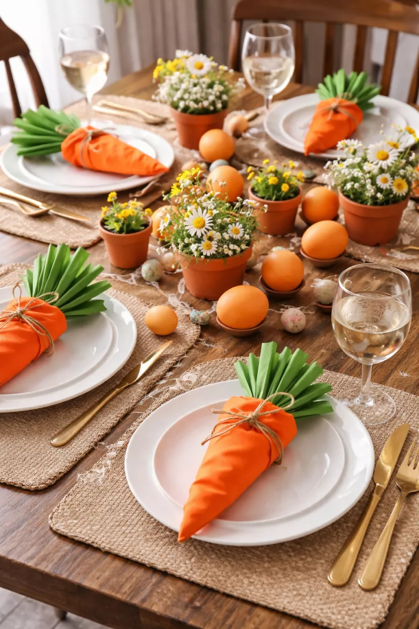 Carrot-Themed Decor A realistic photo of a dining table with orange napkins folded like carrots with green tops, orange dyed eggs, and small terracotta pots.