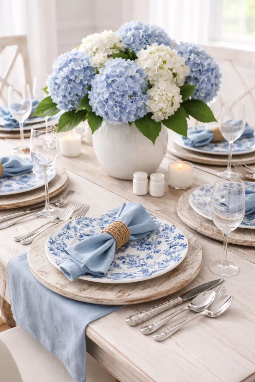 Blue and White Coastal Easter A realistic photo of a dining table with delft blue patterned plates, whitewashed wood chargers, and a vase of blue and white hydrangeas.