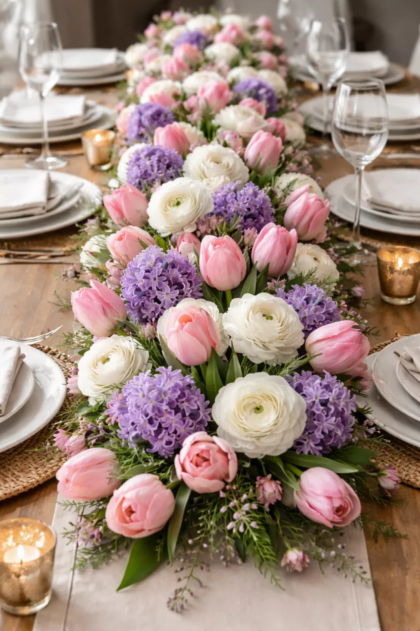 Spring Floral Runner A realistic photo of a dining table featuring a long runner of pink tulips, purple hyacinths, and white ranunculus flowers arranged low to the table surface.