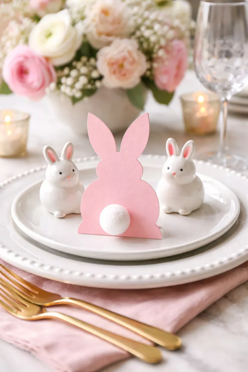 Bunny-Themed Place Settings A realistic photo of a dining table setting with a pink paper bunny place card, a white pom-pom tail, and small bunny-shaped salt shakers sitting on a white ceramic charger.
